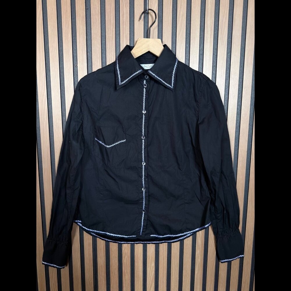 Paul Smith Shirt Medium / Large Womens Black Linen Blend Woven Trim Front Pocket